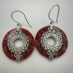 JBB 925 sterling silver red faux agate discs dangle drop hook earrings